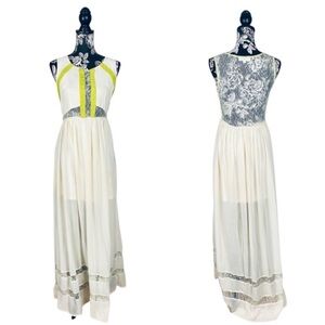 Aniina floor length cream/green trim lace dress size medium